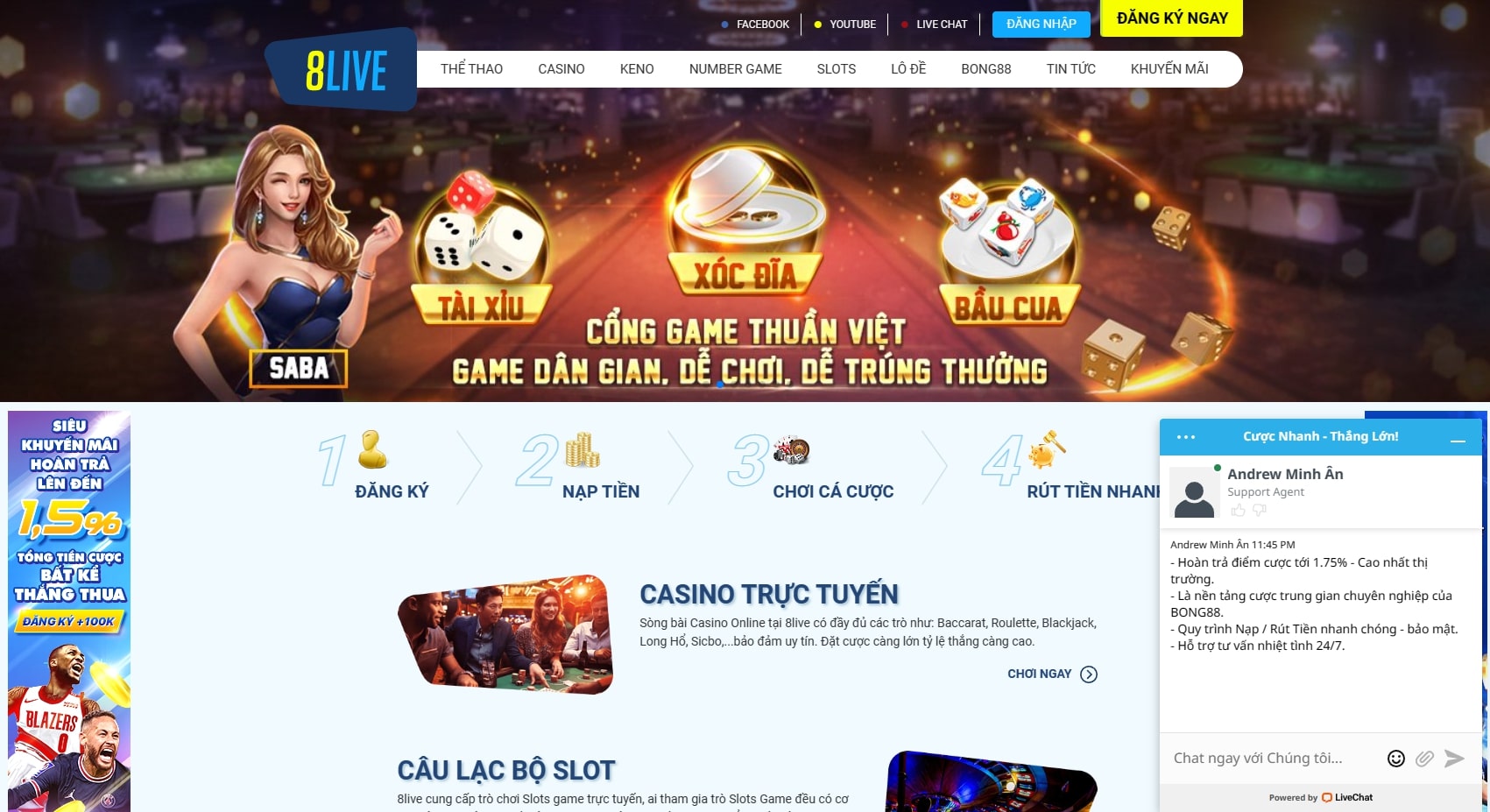 Giao diện website đẹp mắt của 8Live